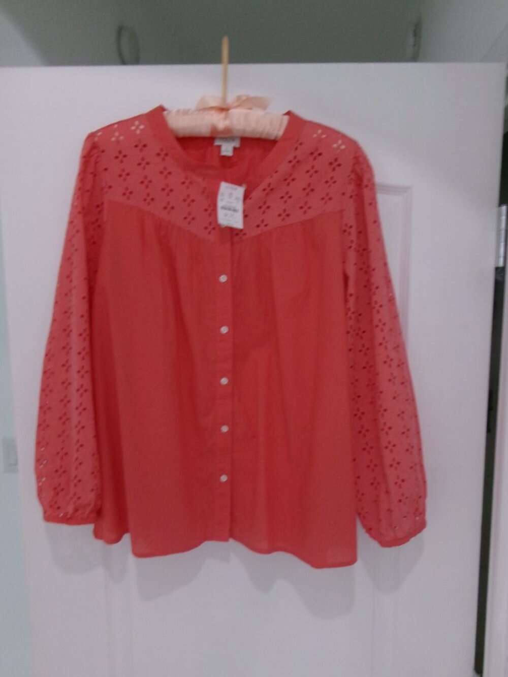 New J. Crew Coral Eyelet Long Sleeve Cotton Button Down Shirt Blouse Top L